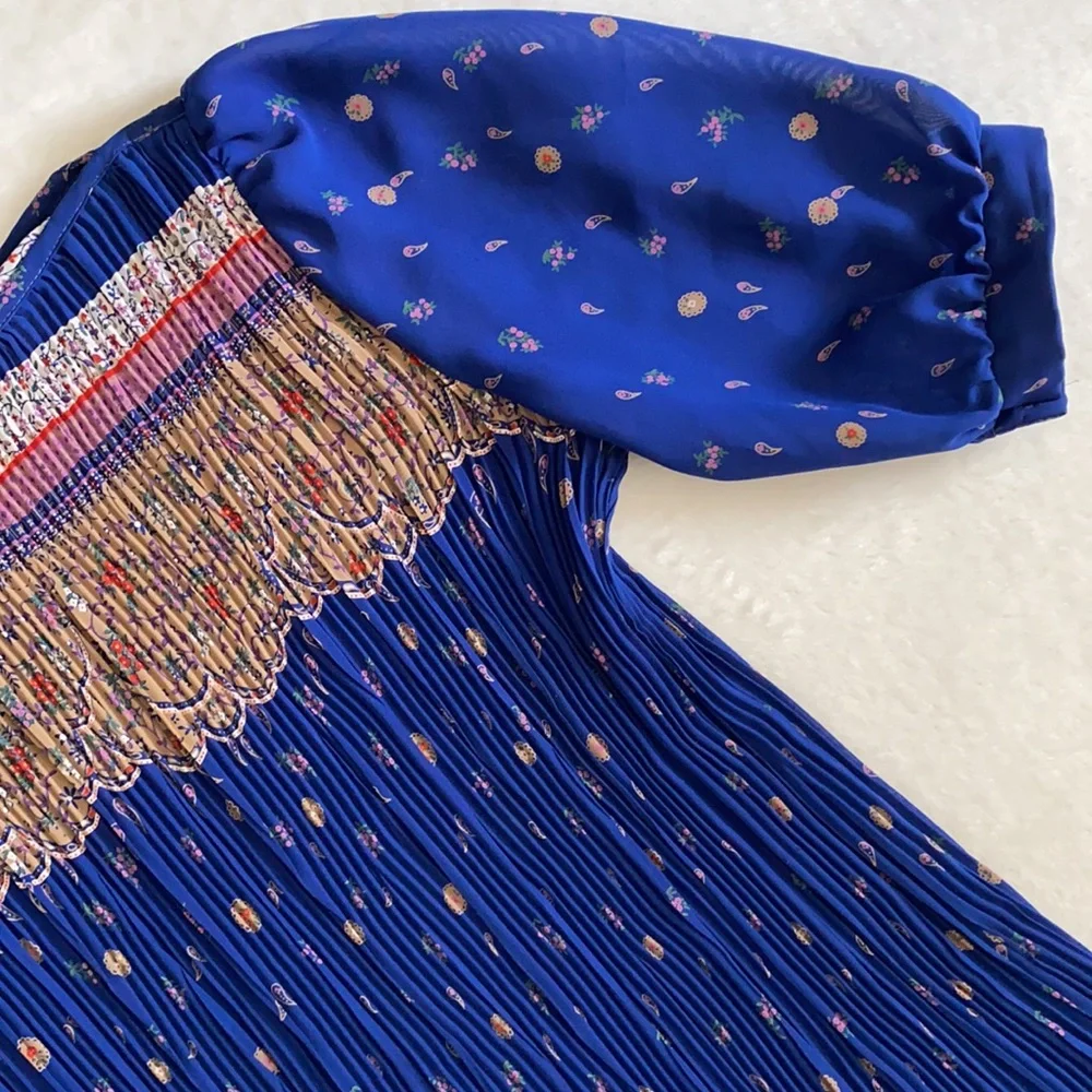 Vintage | Puff Sleeve Accordion Pleat Drop Waist Midi Dress Blue Floral Boho - Picture 7 of 16